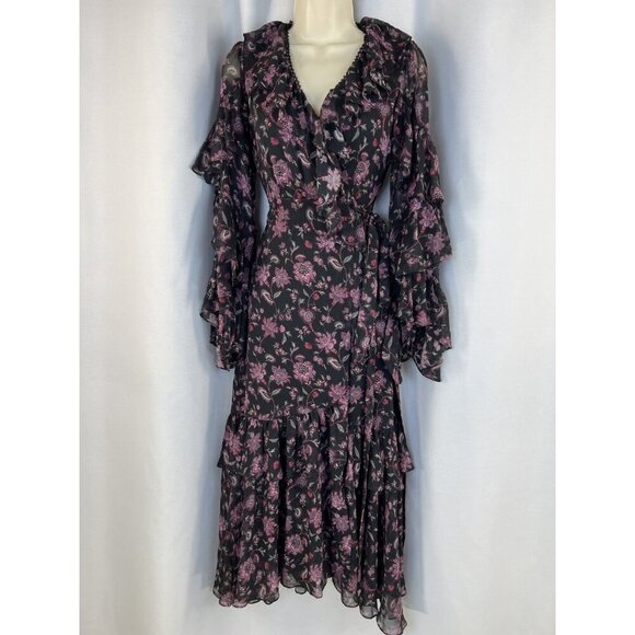 AMUR Rumi Black Purple Silk Wrap Midi Dress $798 - Picture 3 of 12